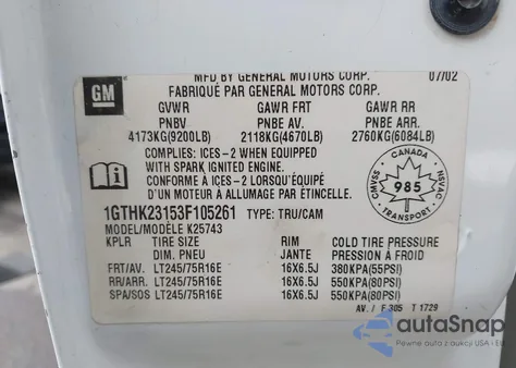 2003 GMC Sierra 2500Hd Sle/Slt from USA, damaged, VIN 1GTHK23153F105261